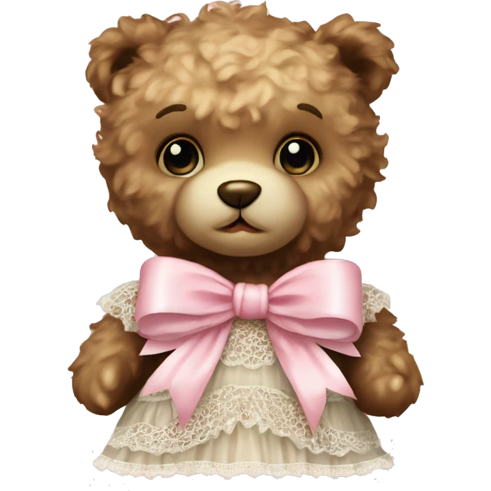 vintage rococo teddy bear with a light pink bow that has lace and frills emoji