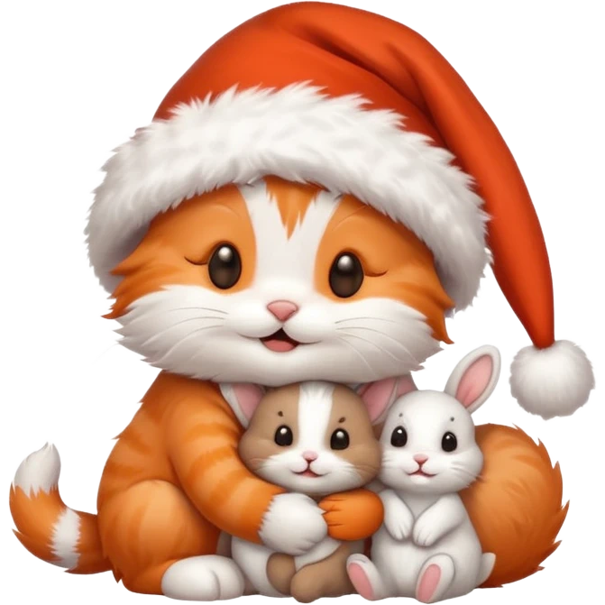 Happy Kitten wearing a Santa hat hugging a cute bunny in a Santa hat emoji