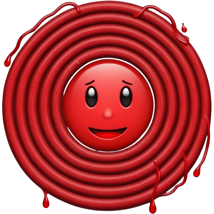 Minimalist emoji-style sticker of a coiled red carpet with drops of blood on the floor around it. Flat design, black and desaturated red tones, no perspective, bold lines. emoji