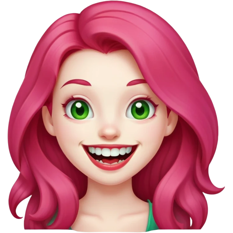 Young girl with pale skin, full pink lips smiling with big teeth, red long hair, big brown eyes with a hint of green, big mouth emoji