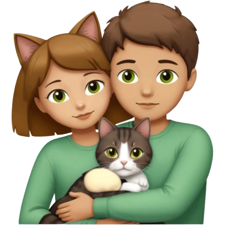 Crea un emoji donde salga un chico moreno con los ojos claros, una chica morena con los ojos marrones y un gato europeo comun de pelaje oscuro y ojos verde claro, quiero que se esten abrazando y el gato este en el medio de los dos emoji
