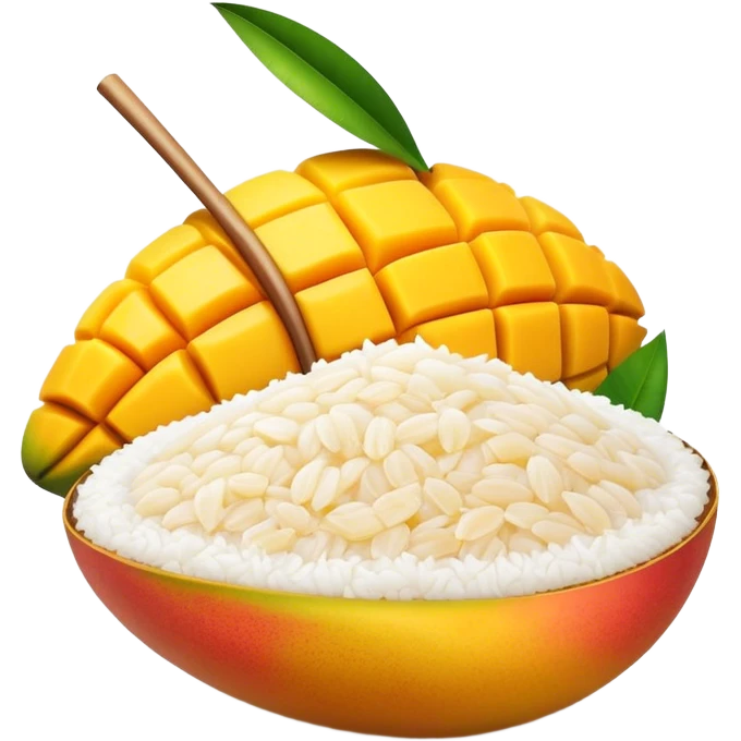 Cinematic Realistic Mango Sticky Rice Dessert Emoji, showcasing sweet sticky rice paired with ripe mango slices and coconut milk rendered with lifelike detail and warm, inviting lighting. emoji