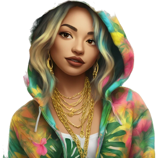 Trendy lady tropical multicoloured baroque hoodie with tattoos and gold chain emoji