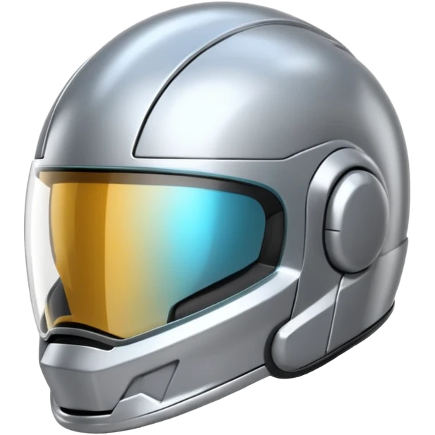 A futuristic helmet emoji made of silver chrome, smooth aerodynamic shape, minimal visor detail, reflective metallic surface, sci-fi aesthetic, iOS emoji style, centered on clean white background emoji