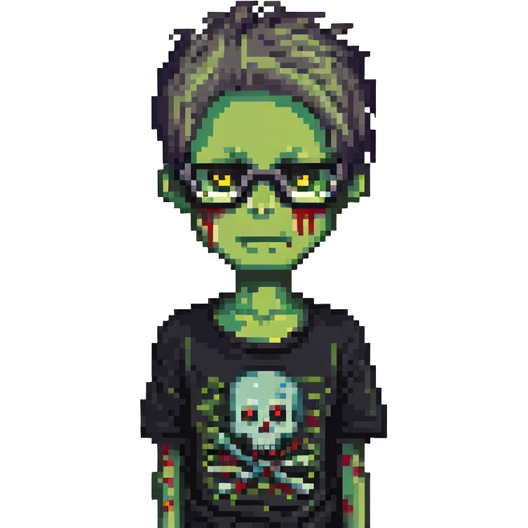 zombie boy with emo hair, screwed glasses, and black shirt, pixel art style emoji