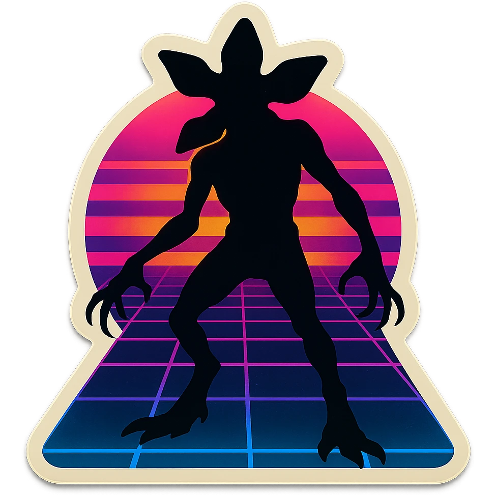 Demogorgon silhouette against a neon grid background, 80s retro neon style, inspired by Stranger Things series emoji