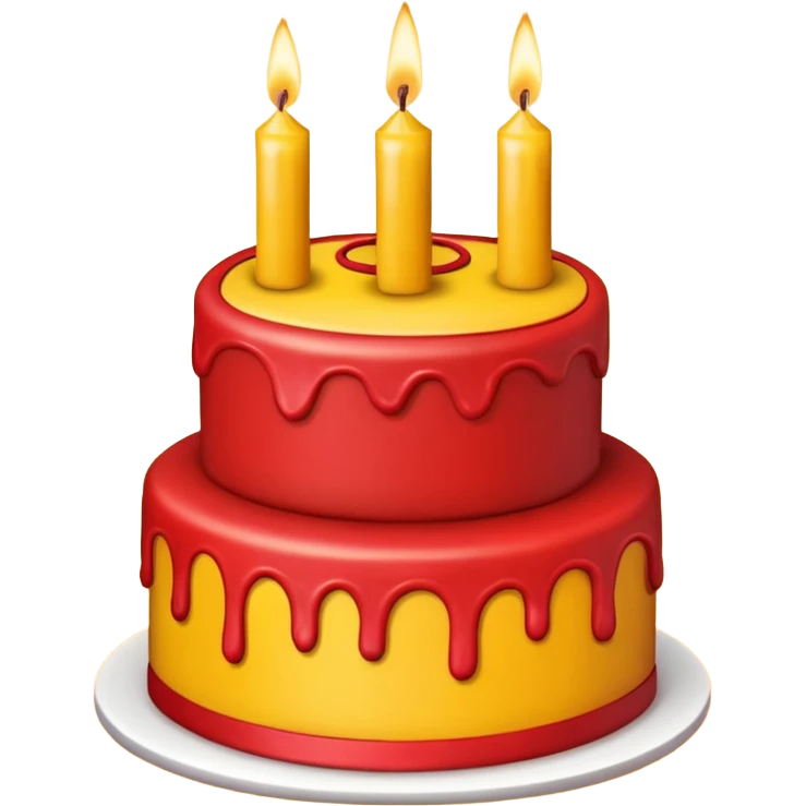 large red and yellow birthday cake with three candles, bright, iOS emoji style, no background emoji
