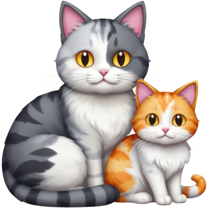 full body large dark grey and white cat cuddling a colourful light patched calico + white tabby cat  emoji