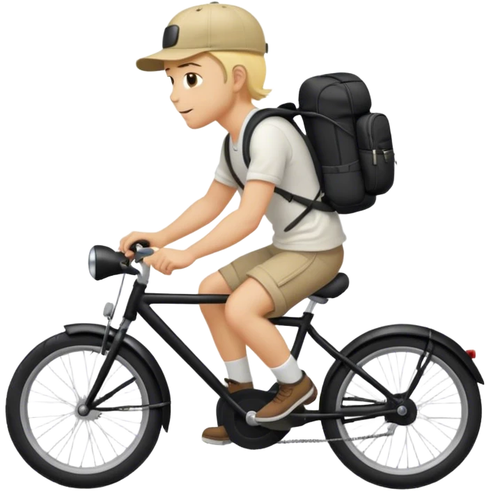 A blond guy in a cap and with a backpack on his back rides a black bike emoji
