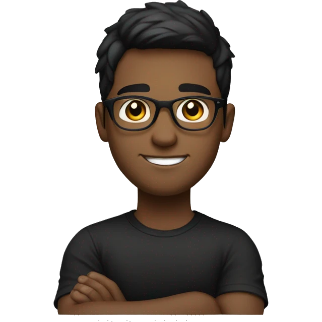 young man with a friendly, confident smile. He has short dark hair and is wearing round glasses. He's dressed in a plain black t-shirt and has his arms crossed emoji