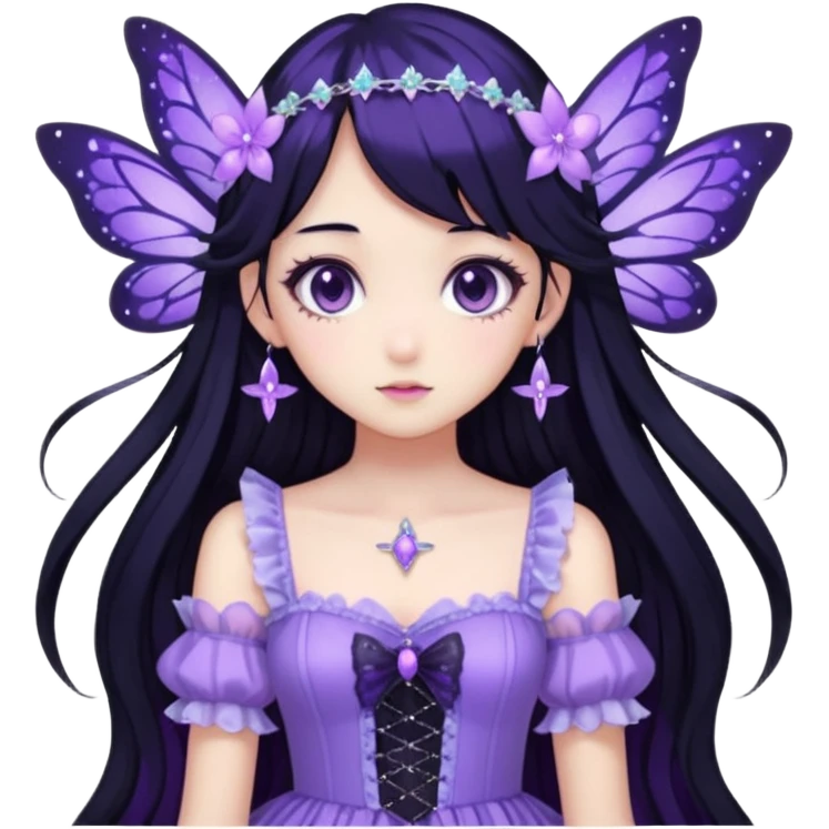 Gothic anime fairy with long beautiful hair and violet dress, pastelcore, Lolita, aesthetic, beautiful, pretty, amazing, epic, gorgeous, sparkly emoji