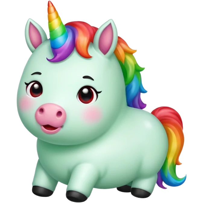 Small chubby unicorn in colours of jade green, black and red eyes, farting rainbow emoji