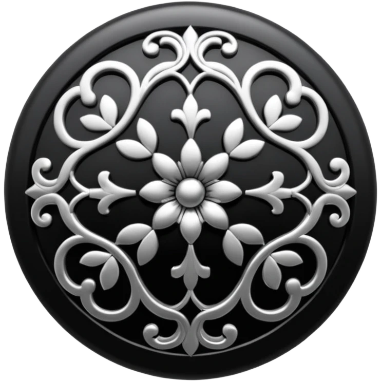 Black and silver filigree round button, 3D, extremely detailed design emoji