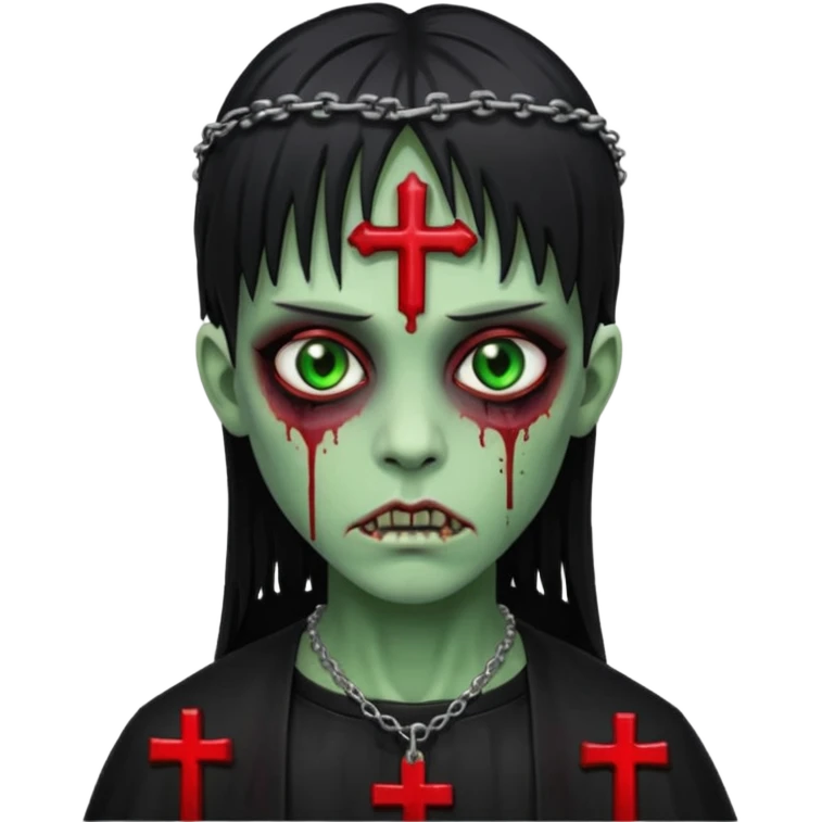 zumbi verde com olhos vermelhos sangrando e franja roupa preta e um crucifixo como colar emoji