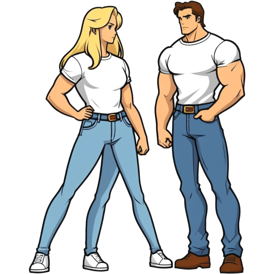 Two people together, a 35 year-old tall muscular man with brown hair and a shorter blonde woman long hair also very good shape getting married next month. I don’t want them in wedding garb jeans and a T-shirt that show off their bodies would be best. emoji