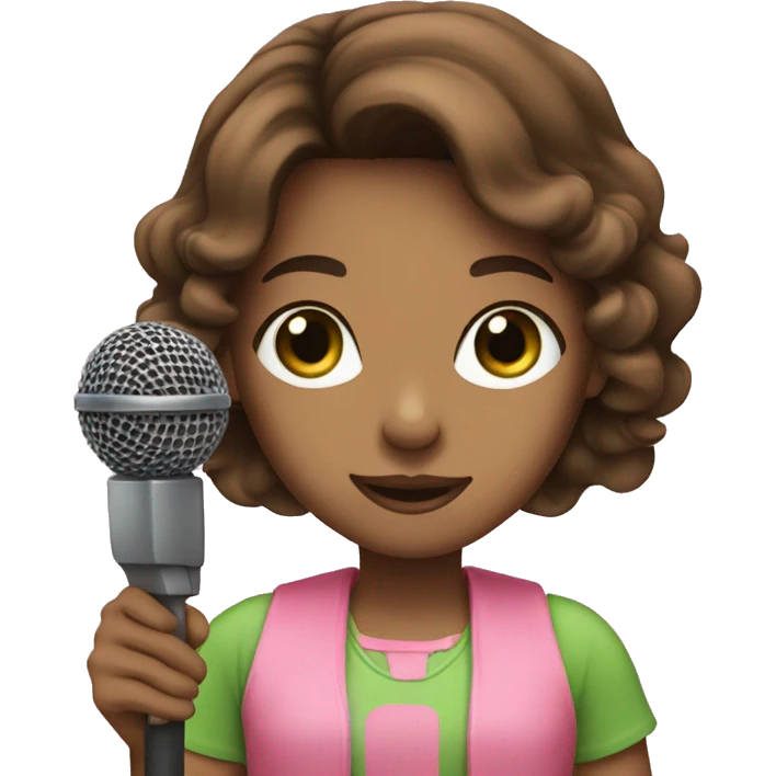 brown haired girl with green eyes wearing pink with a microphone  emoji