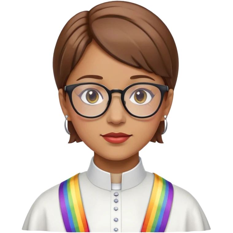female brown hair light skin with glasses add clergy collar, and rainbow stole emoji