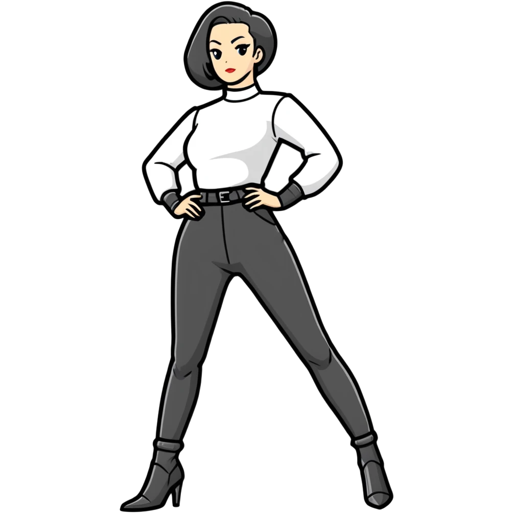 female character with oval-shaped flat-top head wearing tight black pants and black medieval high-heeled boots emoji