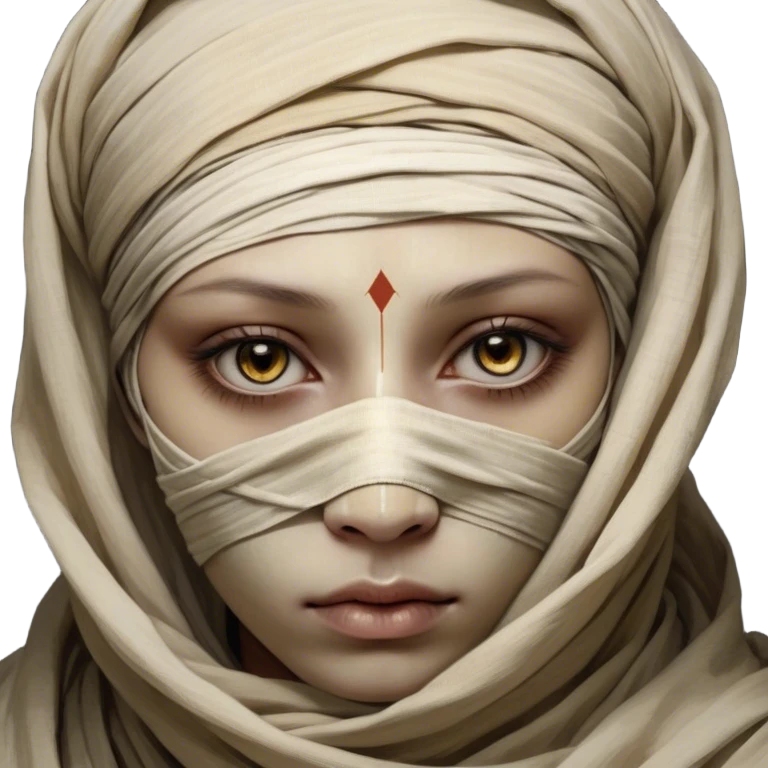 Regal and timeless, fully wrapped in meticulously aged bandages, even its face veiled in layers of ancient cloth with only faint glimpses of deep, solemn eyes peering through, adorned with faded gold accents, exuding an air of forgotten majesty and solemn duty, highly detailed, softly glowing, evoking the dignified mystery of an eternal guardian watching over lost secrets! emoji