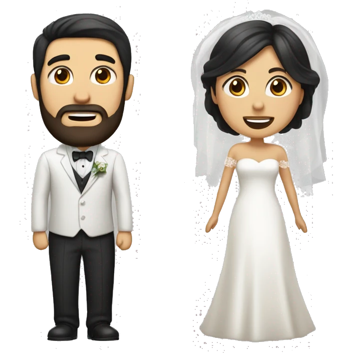 a bride and groom emoticon of a dark-haired woman with loose hair and a dark-haired man with a beard and white skin emoji