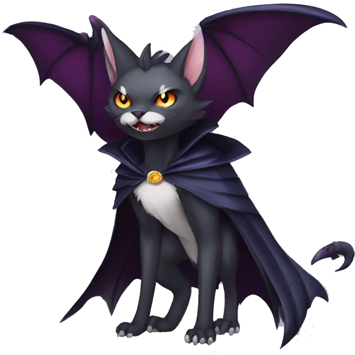   cool edgy beautiful fantasy anime-style dark animal vampiric Nargacuga-cat-hybrid Fakemon with big fangs and bat-wing-ears with a cape full body emoji