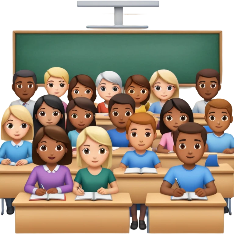 adults sitting in a classroom facing a screen emoji