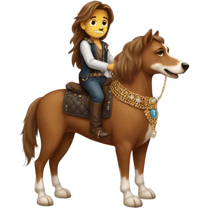 brown long hair boy with jewelry riding a dog like a horse  emoji