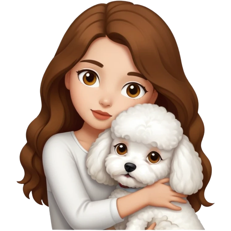 A beautiful olive skinned girl with long brown hair, hugging a white bichon frise emoji