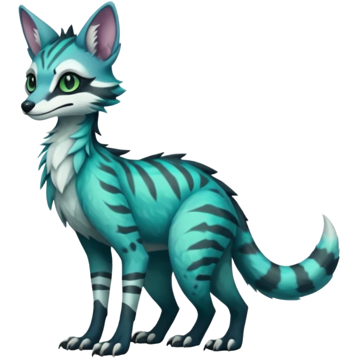 Feral Rare Fantasy dark pastel black-blue-turquoise-green-white-gradients Vernid-Sergal-Genet-species by LiLaiRa, random markings, tufted ears, full body, 4 legs emoji