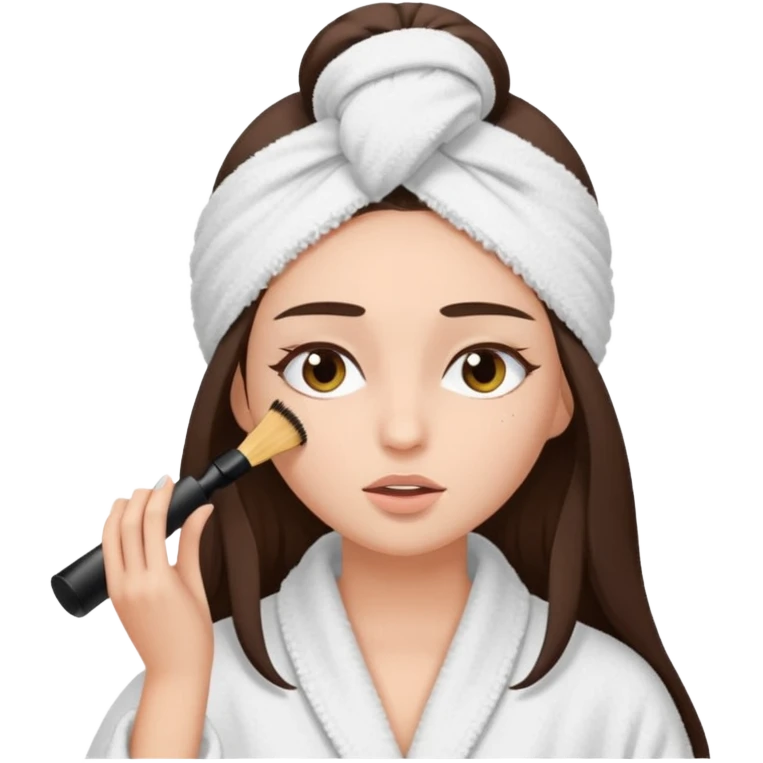 Girl with brown hair in white dressing gown and white towel wrapped in her head doing her mascara  Eyes closed white dark hair and towel wrapped differently doing mascara long hair  emoji