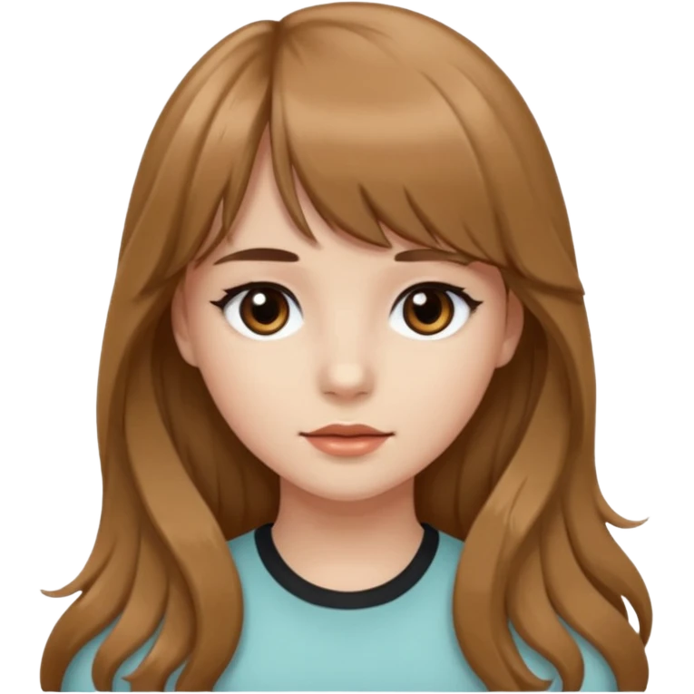 Uma garota de cabelo ondulado marrom,mas com franja lisa e olhos pretos, e a cor de pele branca,e o cabelo LONGO  emoji