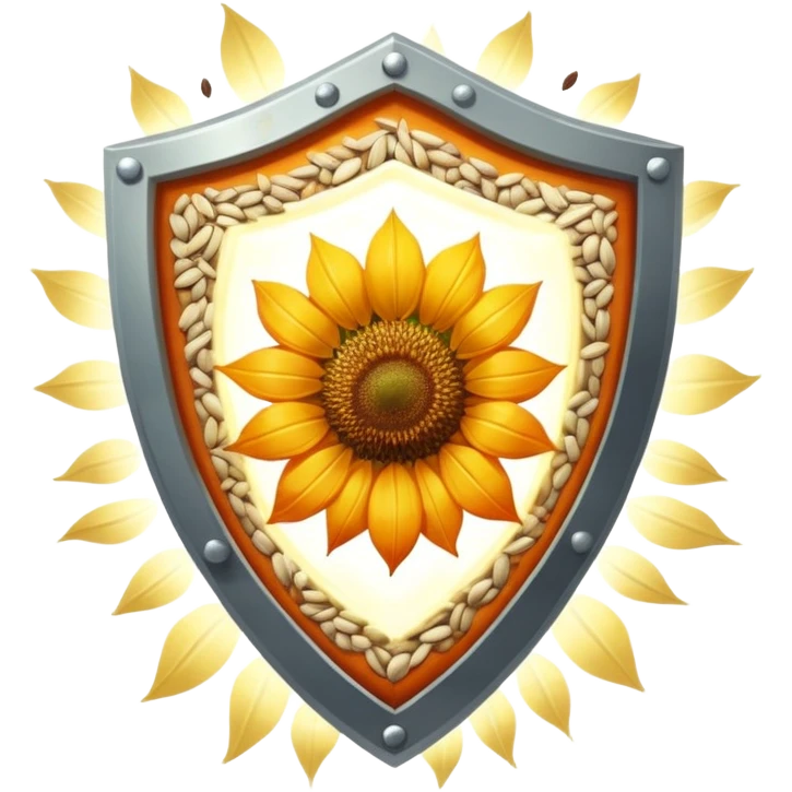Floating seeds (pumpkin, sunflower, sesame) and a glowing cut of lean meat positioned on a bright shield of light. The shield emits protective rays while the seeds and meat shine with nutritional essence, creating a healing and protective visual. emoji