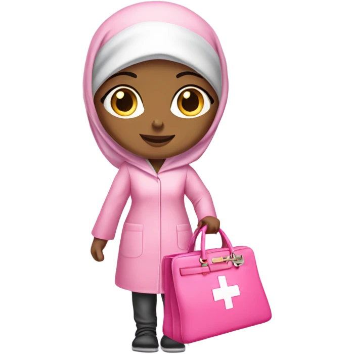 a girl wearing hijab, and wearing a medical scrub holding a luxury pink birkin bag emoji