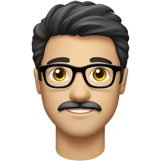 young caucasian man with black straight hair, mustache, and scruff, wearing clear framed glasses emoji