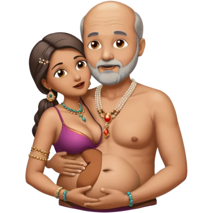 A man in his 69s balding with a grey beard passionate ly kissing the belly botton of an Indian woman in her 40s wearing a beads chain with here cleavage visible and embracing the man emoji