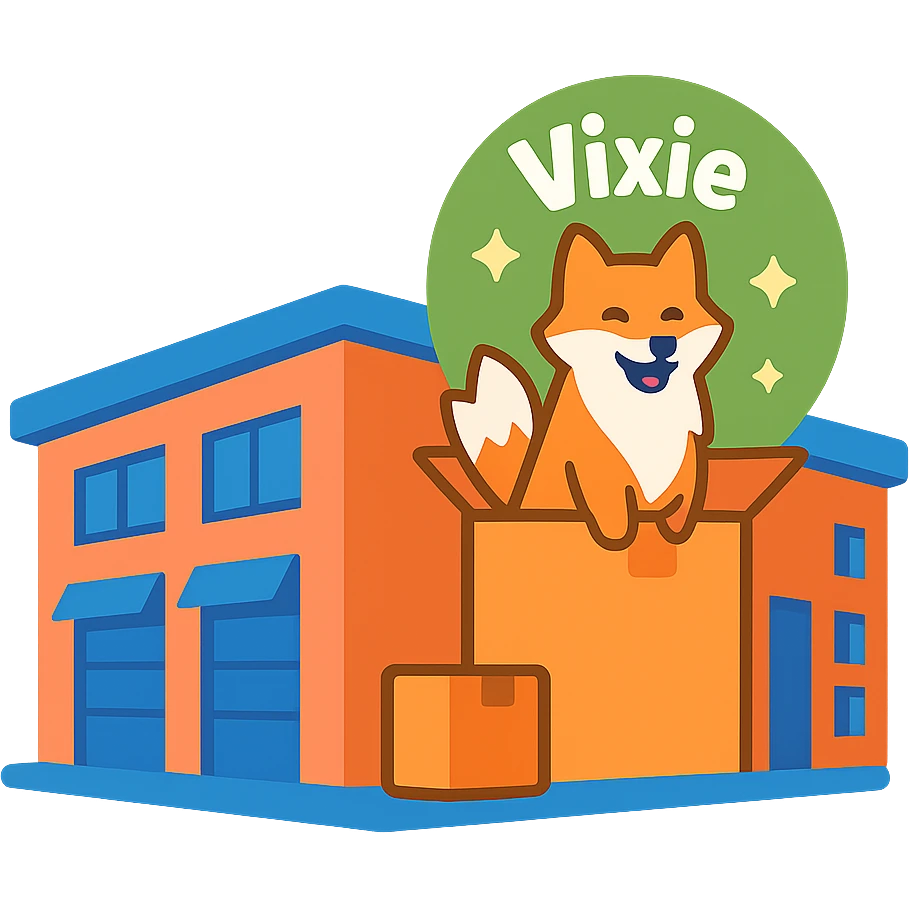 Remove the stroke or outline from the parcel warehouse building emoji with the Vixie Cargo logo, keep the color scheme and no background. emoji