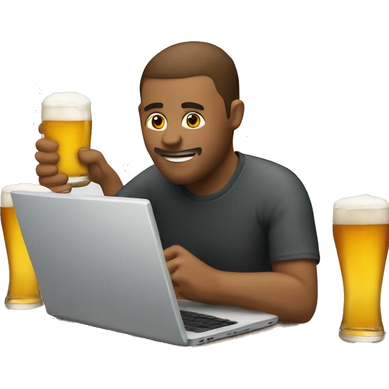 A man at a laptop with a beer emoji