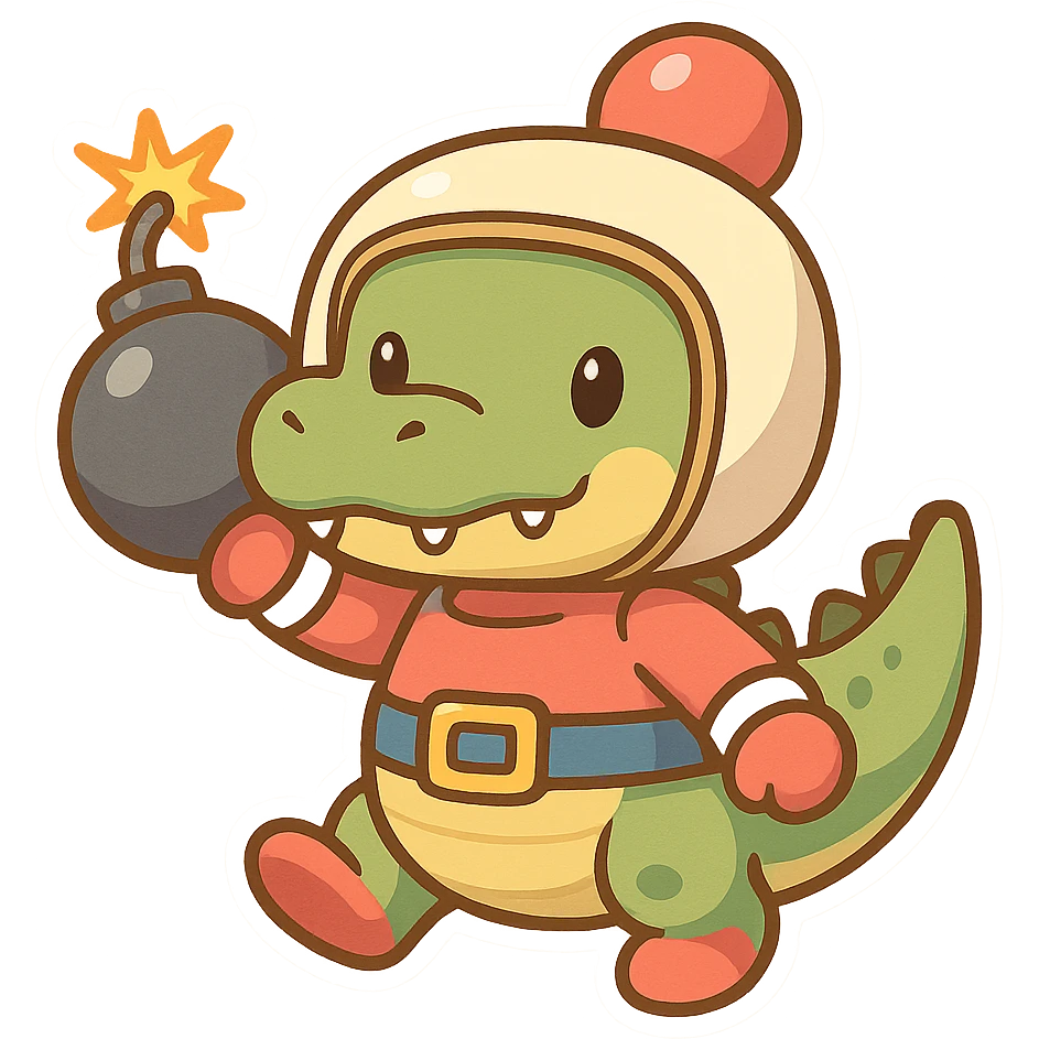 A crocodile styled as a classic Bomberman character, with a cartoonish body, helmet, and bomb accessories, in a playful and vibrant style emoji