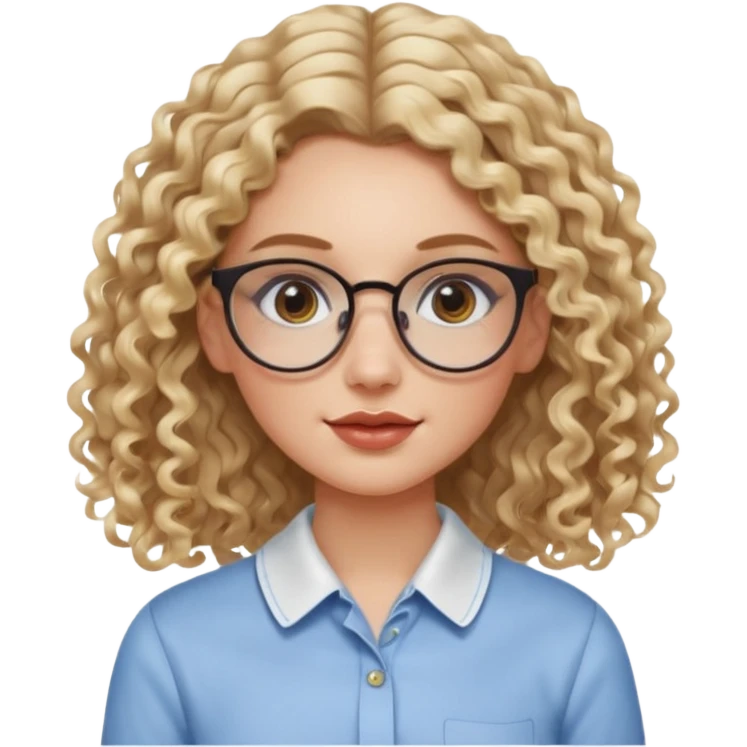 cute white girl with not volominous VERY LONG blonde curly hair with balayage, brown eyes, full lips, natural clean girl makeup and hoop earrings and square glasses, collared shirt emoji