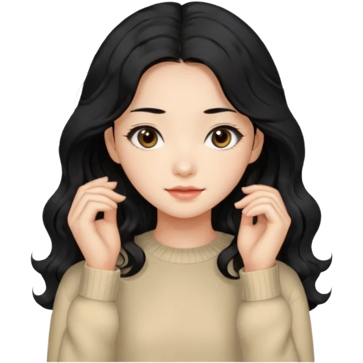 Beautiful girl,Black hair, wavy long hair,Black eyes,Chinese, beige sweater  emoji