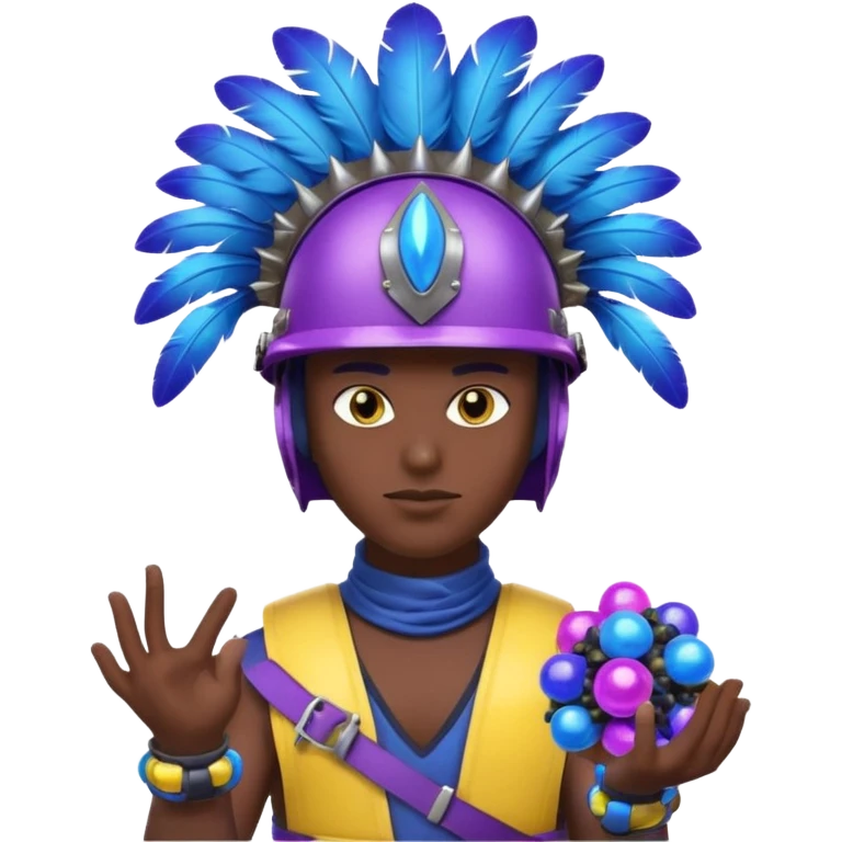 Generate an image of a night with a blue rounded feather on his helmet. He has a big night with balls as hands which have purple obsidian spikes on them. He also has a blue belt with yellow spikes on it. He also has purple glowing eyes. emoji