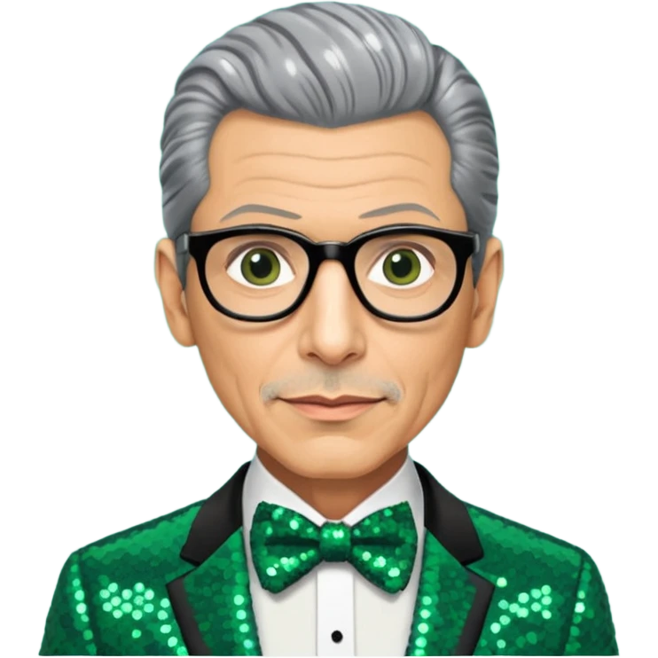 Jeff Goldblum with gray hair, dark green sequin suit with bow tie emoji