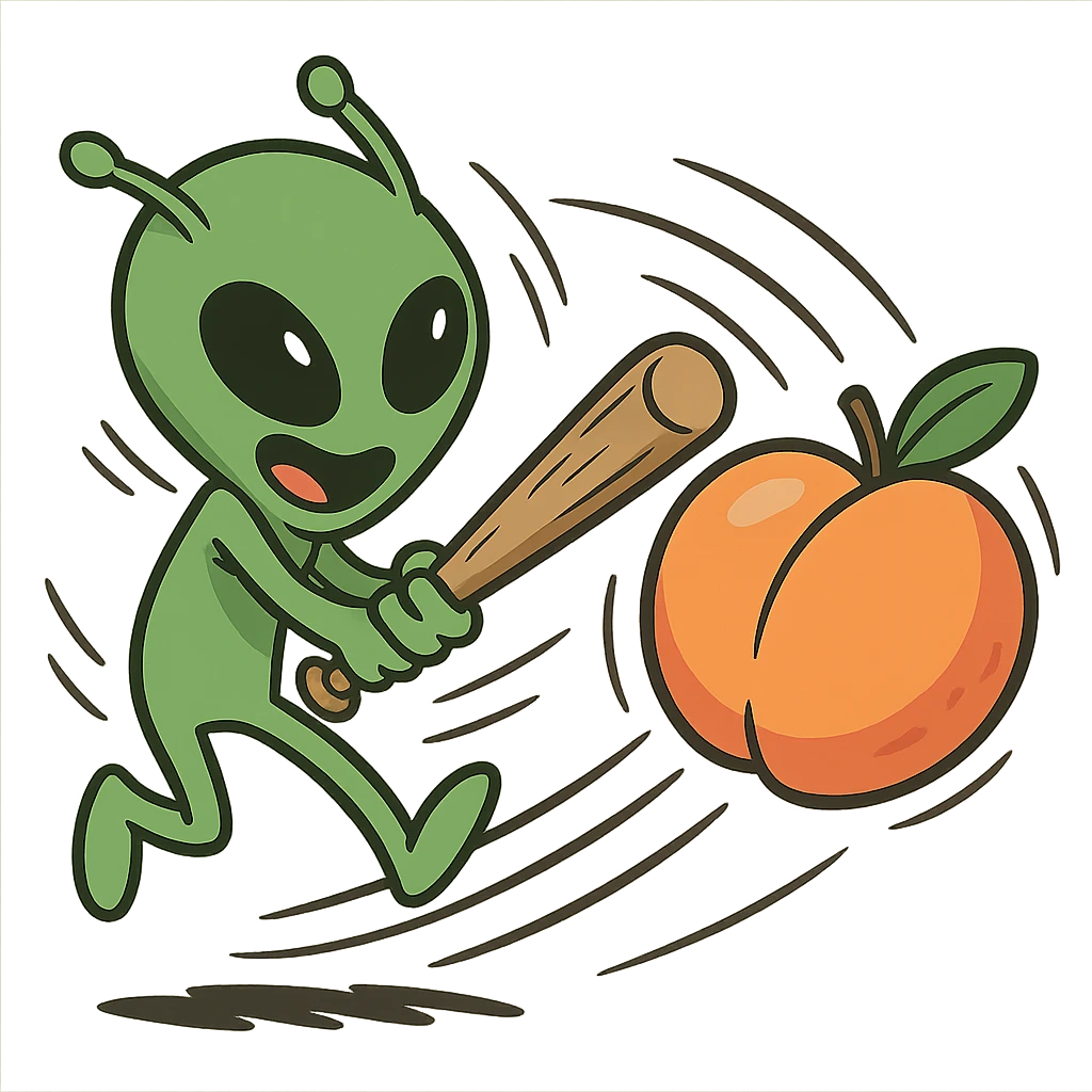 cartoon alien hitting a peach, exaggerated motion, fun vibe emoji