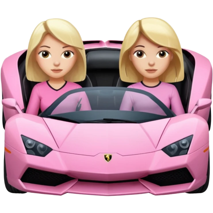 Make car far away so I can see full car Car facing forward in pink sports car. The best friend girls are not smiling but very pretty. One girl is blonde, one girl is brunette. Front of car sitting in the seats. Make it a pink sports car. They are two baddies make it a Lamborghini pink car  emoji