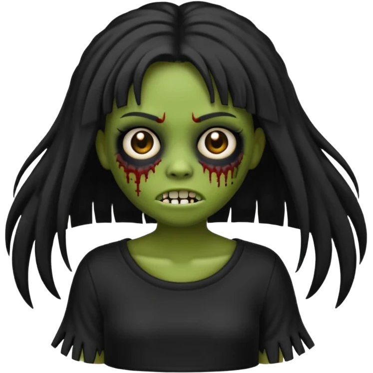 Um emoji de uma menina zombie de blusa branca num fundo preto de cabelo longo e preto e franjinha emoji