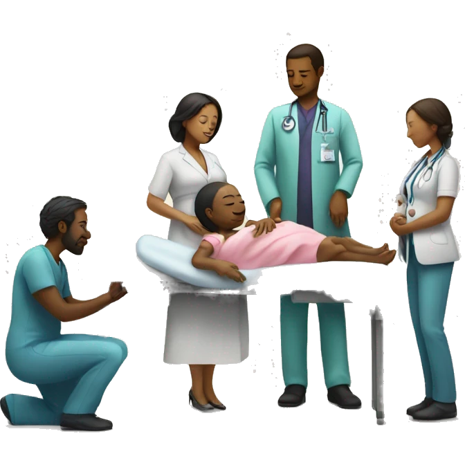 a woman gives birth and doctors stand nearby emoji
