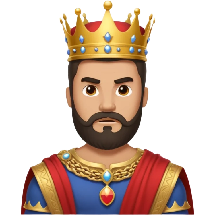 vull un perosnatge estil bimoji que sigui alt i fort amb una musculatura marcada i poderosa. Té una barba espessa i el cabell arriba fins a l'alçada del coll. Se'l representa amb la indumentària real i una corona al cap. Que tingui cara d'enfadat. emoji