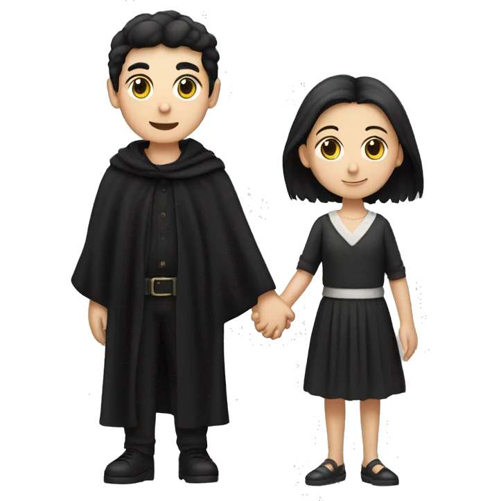 black-haired, white-skinned, straight-haired boy and a girl with a black shawl holding hands
 emoji