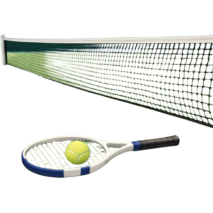 A tennis racket and a ball placed on the ground, with a tennis court in the background. The court lines and net are visible, emphasizing the structure and focus of the sport, creating a dynamic and energetic vibe. emoji