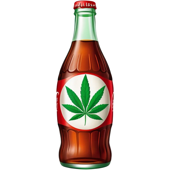 Classic Coca-Cola shaped glass bottle with curved contours, red color, with a cannabis leaf emoji